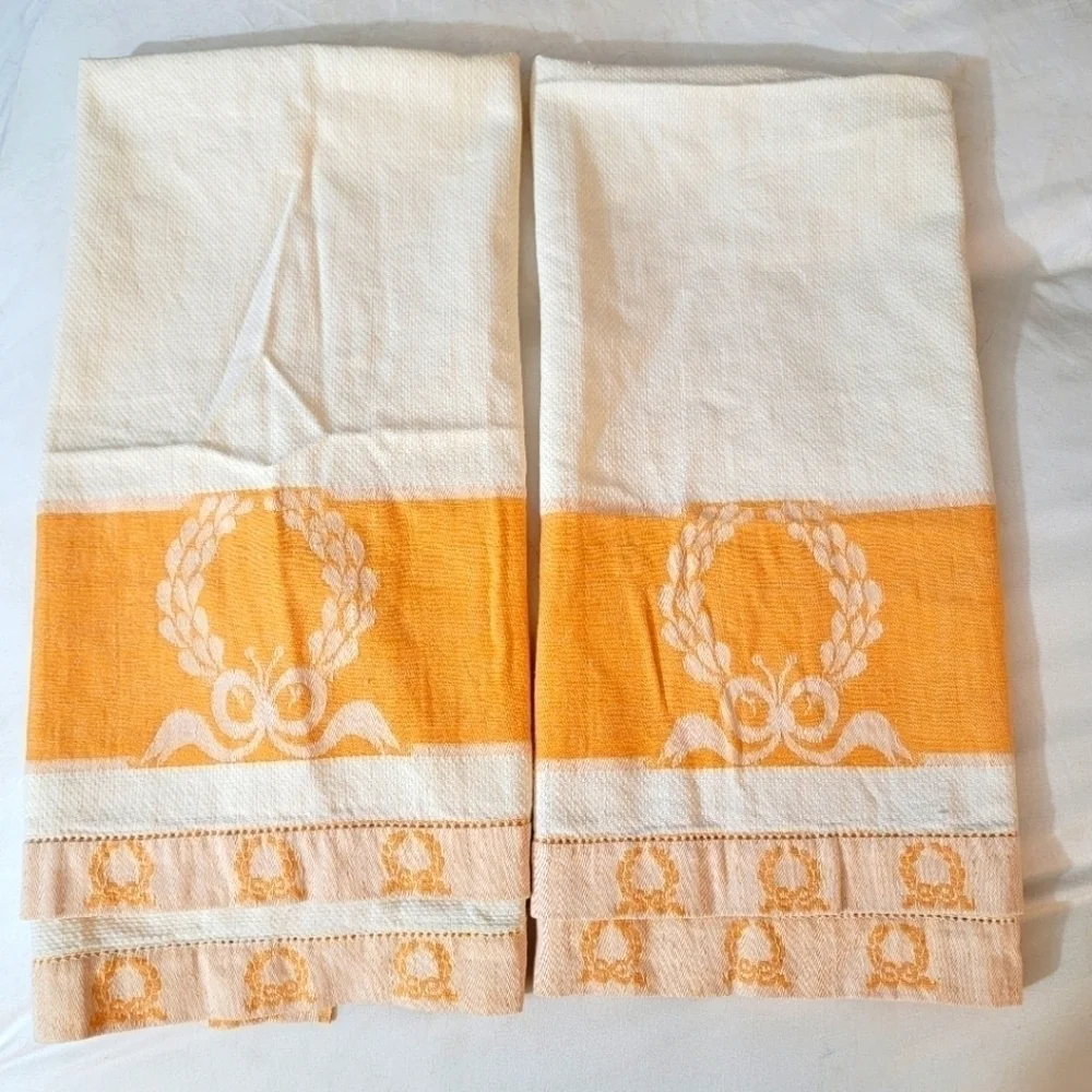 Vintage 50's Woven Tea Towels Jacquard Wreath Bow Ivory Orange Bundle 2 Linen